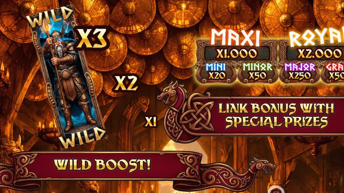 Tampilan visual slot Valhalla Wilds Boost dengan tema Viking dan simbol rune
