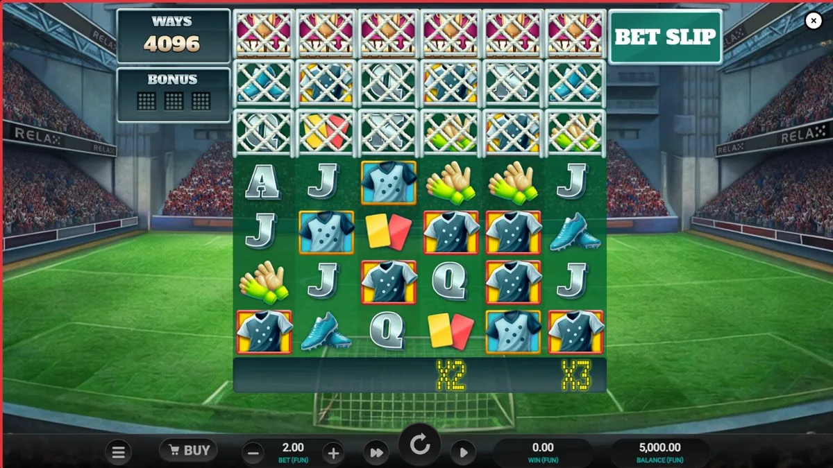 Tampilan antarmuka slot World Class Kick Off Dream Drop dengan tema retro sepak bola
